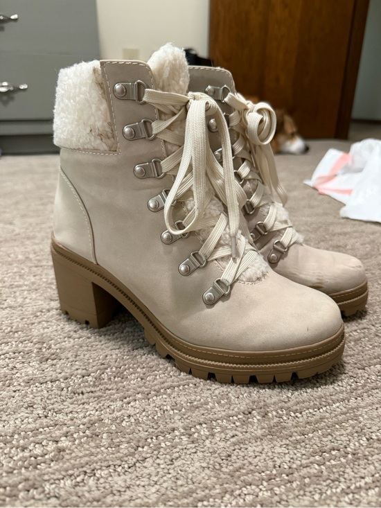 Soda Shoes - Soda Cream Lace-Up Sherpa Block Heel Ankle Boots